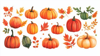 Fall harvest celebration with vibrant pumpkins and leaves. Autumn-themed illustrations of vegetables, doodles, and icons. Isolated on white background.