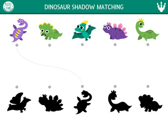 Little dinosaur shadow matching activity with animals. Prehistoric puzzle with cute baby stegosaur, triceratops, plesiosaur. Find correct silhouette printable worksheet, game. Dino land page for kid