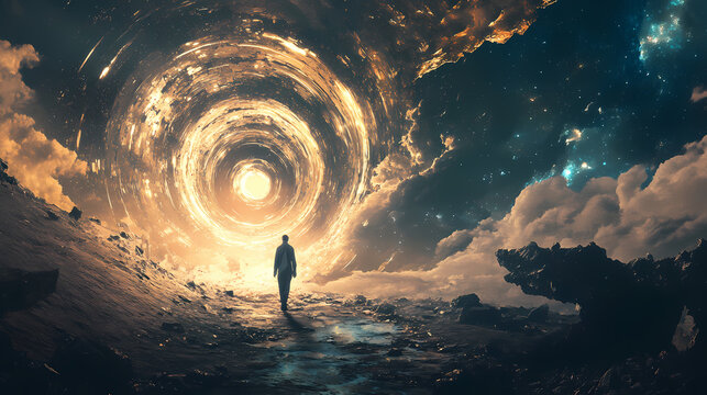 A time traveler encountering their past self in a paradoxical moment,. Parallel Universe. Illustration