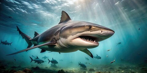 Fototapeta premium A Large And Aggressive Bull Shark Swims Through The Murky Waters Of The Amazon River, Its Sharp Teeth Exposed.