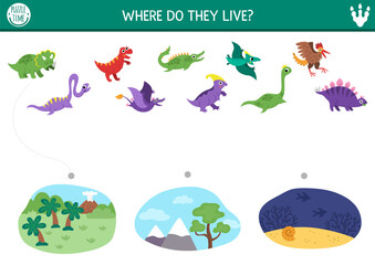 Fototapeta premium Dinosaur matching activity with cute animals and place they live. Prehistoric puzzle with pterosaur, stegosaur, T-rex, plesiosaur. Match up game or printable worksheet with water, sky, land dinos