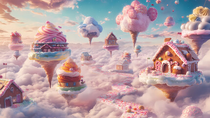 A whimsical technicolor dreamscape featuring floating islands made of confectionery, candy floss clouds, and gingerbread houses. Floating Islands. Illustration