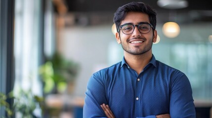 Fototapeta premium A man with glasses is smiling and posing for a picture. He is wearing a blue shirt and has his arms crossed