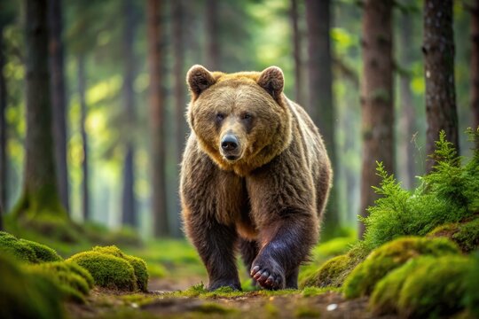 A large, fluffy brown bear ambles through a serene forest landscape, its paws making gentle impressions in the soft, moss-covered earth beneath its powerful stride.