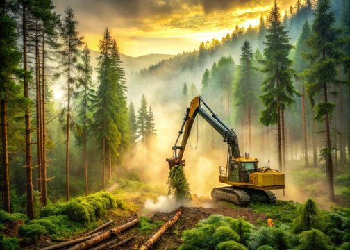 A large, yellow, mechanical forest harvester machine cuts and processes trees in a misty, foggy, atmospheric morning scene amidst a dense, vibrant green forest landscape.