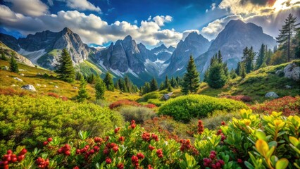 Alpine Meadow With Vibrant Green Jalovec Berries Amid Lush Vegetation And Rugged Mountain Peaks