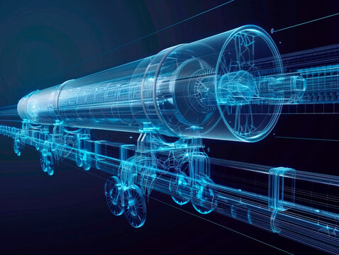 Hyperloop visualization with augmented reality Transparent hyperloop in studio drawing in blue colors. Blurred tunnel vision as concept for modern technology