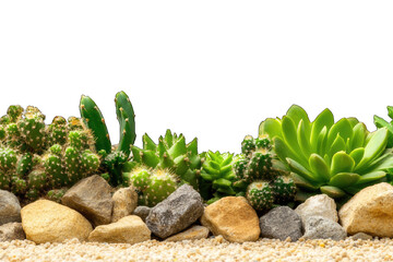 A vibrant collection of succulents and cacti arranged with stones, perfect for decorating spaces with a natural touch.