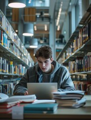 A young man is sitting at a table in a library with a laptop open in front of him. He is wearing a gray hoodie and he is focused on his work. The library is filled with books