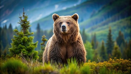 Obraz premium A Majestic Grizzly Bear Standing In Its Natural Habitat Against A Breathtaking Backdrop, Symbolizing Strength, Wilderness, And The Untamed Spirit Of Nature.