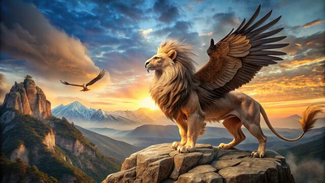 A Majestic Griffin, Half Eagle And Half Lion, Stands Tall On A Rocky Perch With Outstretched Wings And Piercing Gaze.