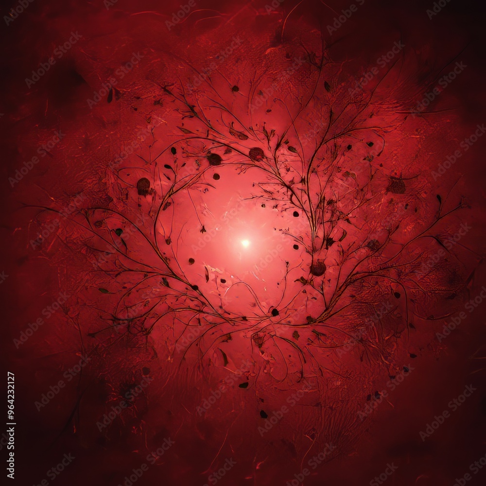 Sticker Red abstract background with swirling branches and glowing center.