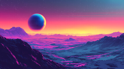 Alien landscape, a panorama of a surface of another planet at sunrise,. Alien Planet. Illustration