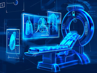 Medical equipment visualization with augmented reality Transparent medical equipment in studio drawing in blue colors. Doctor, healthcare and procedure with medical equipment for cardiovascular health