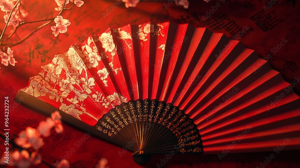 Wall mural Red hand fan with intricate gold floral design on a red background.