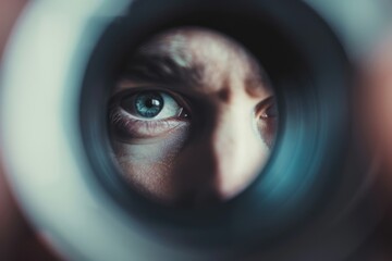 A sharp, focused eye peers through a circular lens, evoking a sense of observation, precision, and intense concentration.