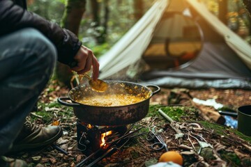 Fototapeta premium A person cooking in a pot on a portable stove in a forest setting, with camping gear around and a tent in the background. AI generative