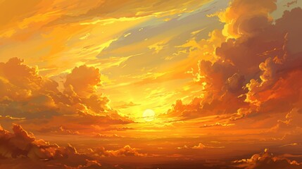 Fototapeta premium A painting of a sunset with a large sun in the sky. The sky is filled with clouds and the sun is setting. The painting has a warm and peaceful feeling to it