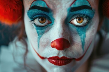 Obraz premium A woman with blue and white face paint and red hair. She has a sad expression on her face