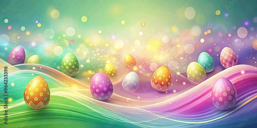Wall mural Translucent waves in Easter hues with glowing dots, perfect for abstract backdrops