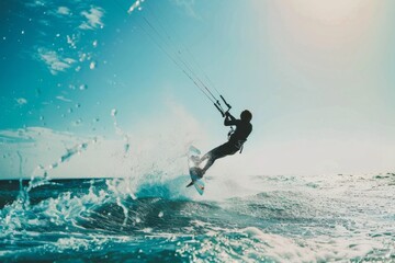 A kitesurfer catches a wave under a bright, sunny sky, showcasing the thrill and adventure of water sports with splashes and dynamic movement.