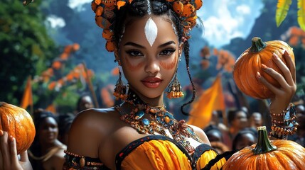 A celebration of global harvest festivals, with scenes from different countries showing traditional