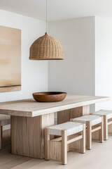 Minimalist dining room with wooden furniture, neutral tones and natural lighting. Mediterranean Real Estate homes interior design