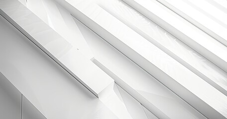 A minimalist composition featuring white geometric shapes and lines, emphasizing light and shadow interplay.