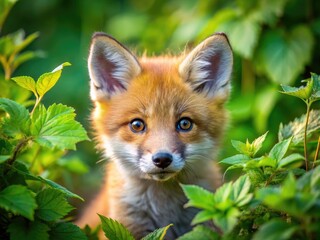 Obraz premium An Adorable Baby Fox, With Bright Eyes, Playful Expression, And Fluffy Orange Fur, Peers Out From Amidst Lush Foliage In A Natural Setting.