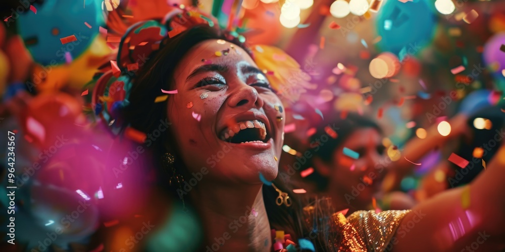 Wall mural a woman is smiling and surrounded by colorful confetti. scene is joyful and celebratory