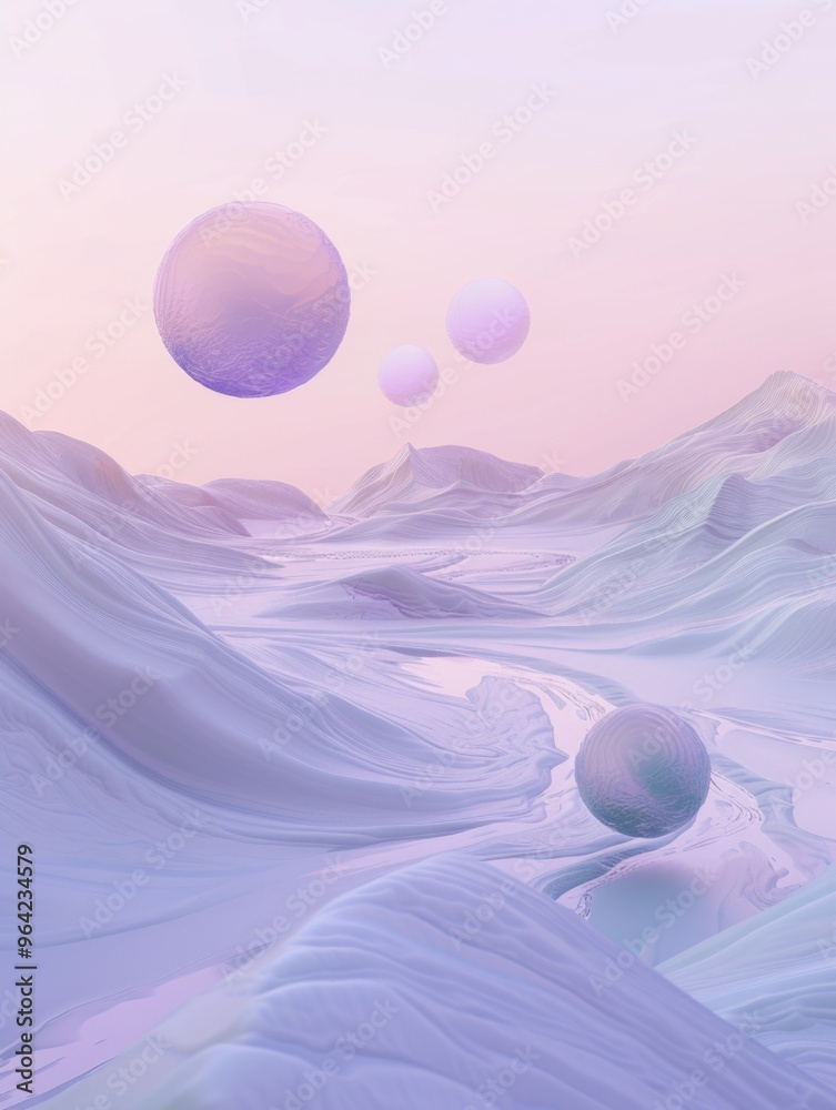 Wall mural a space scene with four large spheres floating in the air. the scene is set in a snowy, mountainous 