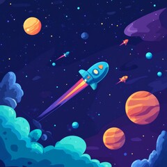 Naklejka premium Cartoon Outer Space Stock Image: Business Background with Planets, Spaceships, and Asteroids