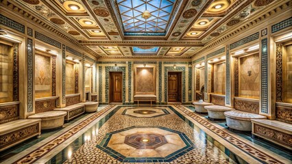 Elegant and luxurious Roman bathhouse changing room with marble floors, intricate mosaics, ornate mirrors, and opulent furnishings