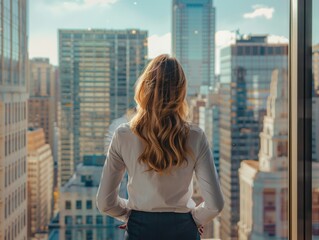 Fototapeta na wymiar A woman in a business suit stands in front of a city skyline. She is looking out the window, taking in the view of the city. Concept of ambition and determination