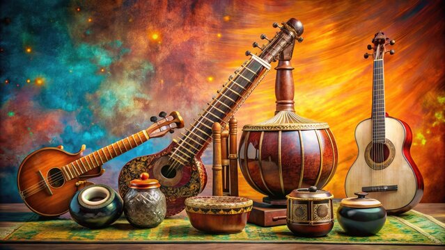 An Assortment Of Traditional Indian Musical Instruments, Including Sitar, Tabla, Veena, And Harmonium, Displayed On A Vibrant Background.
