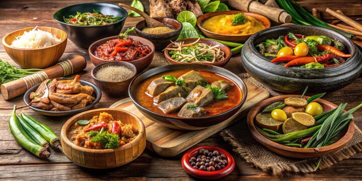 An Assortment Of Ten Filipino Dishes, Including Adobo, Sinigang, Kare-Kare, And Pansit, Arranged On A Rustic Wooden Table With Ingredients And A Pestle And Mortar In The Background.