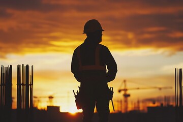 Construction Worker Silhouette Against a Dramatic Sunset