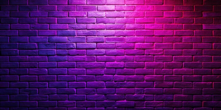 Vibrant neon lit brick wall with purple hue in a dark room