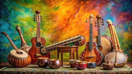 An Ensemble Of Traditional Indian Musical Instruments, Such As Sitar, Tabla, Sarangi, Harmonium, And Mridangam, Arranged On A Vibrant Background.