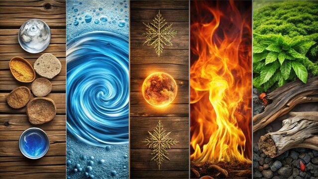 An Illustration Depicting The Five Elements Of Nature: Wood, Fire, Earth, Metal, And Water, Represented By Stylized Symbols And Textures In Various Colors.