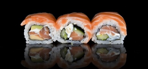 Close up of three pieces of salmon sushi rolls, with a reflection on a black surface. The sushi is arranged in a row, showing the ingredients and preparation.