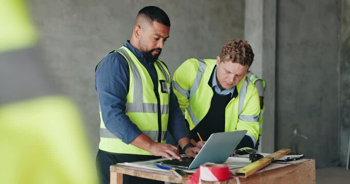 Team, laptop and engineering for floor plan on construction site, design layout and email client. People, developers and online for graphic tools to draw blueprint, collaboration and upgrade property
