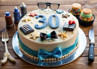 A Photo Of A Birthday Cake With The Number "30" Displayed On It, Decorated With Various Male-Themed Items