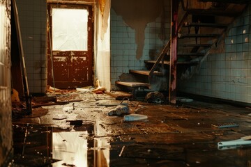 Obraz premium A dimly lit and abandoned room with broken furniture and a flooded floor, conveying a sense of desolation and deterioration.