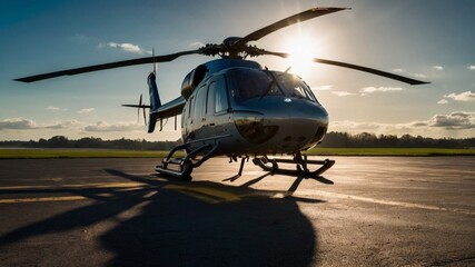helicopter with a scorching sun background, maybe a private chopper or owned by a military army to rescue, transport, fight for the war 