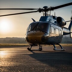 helicopter maybe a private chopper or owned by a military army to rescue, transport, fight for the war with a sun reflection on the background, 
