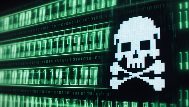 Cyber Threats Pictured: Neon Green Hacker's Skull & Crossbones on Binary Background