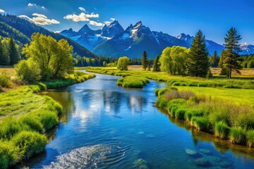 A River Flowing By A Lush Meadow, Trees Lining The Banks, And Mountains In The Distance Under A Blue Sky.