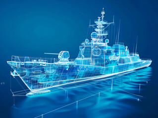 Fototapeta premium Ship visualization with augmented reality Transparent ship in studio drawing in blue colors