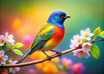 Obraz premium Artistic Rendering Of A Colorful Bird Perched Gracefully On A Blooming Branch Against A Vibrant Backdrop